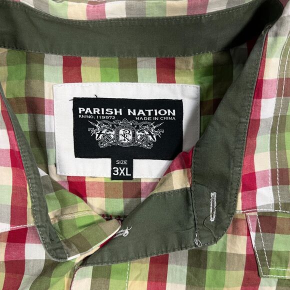 Parish Nation Men's Button Down Shirt Size 3XL Yellow Green Plaid Short Sleeves - Picture 3 of 6